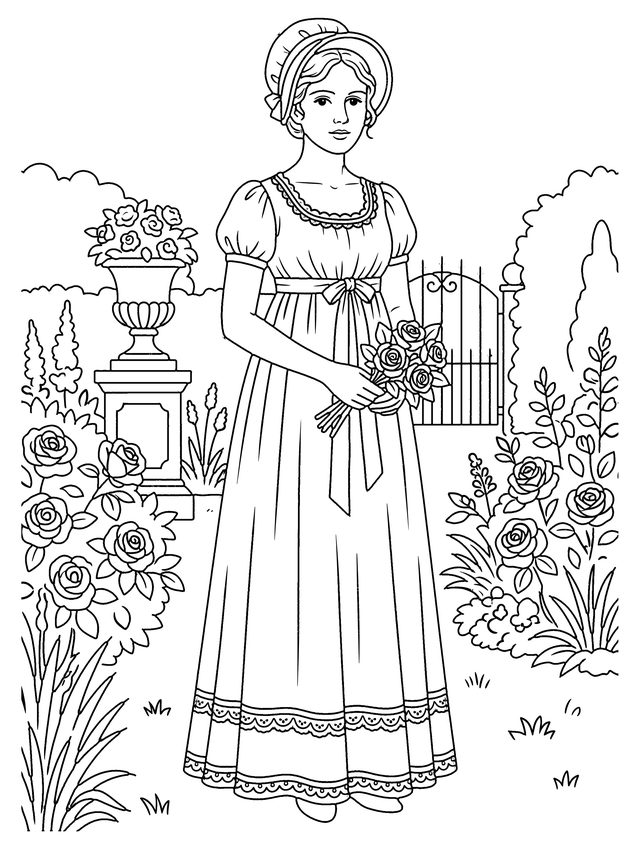 Coloring page: a Regency lady in a high-waisted muslin day dress holds a posy in a walled rose garden.