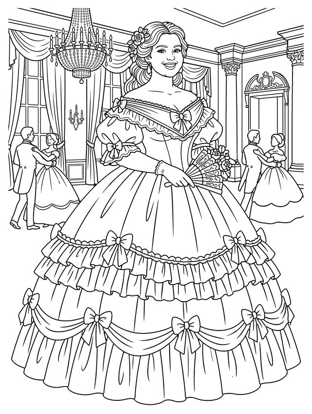 Coloring page: a lady in a tiered crinoline ball gown with bows stands in a ballroom under a chandelier while couples dance behind her.
